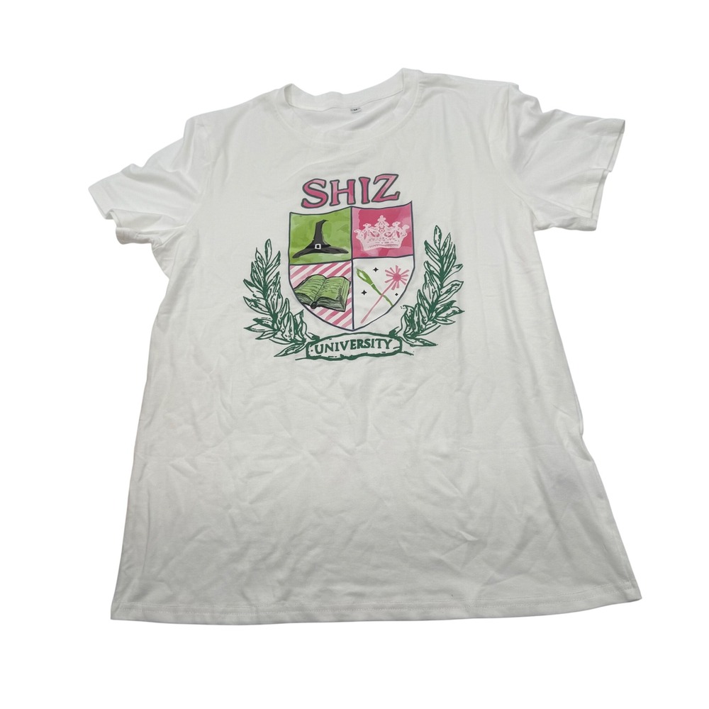 Shiz University Wicked Graphic T-Shirt White Medium Pink Green Crest